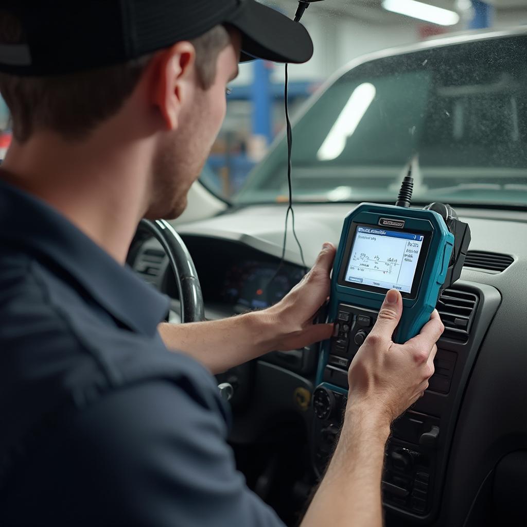 Mechanic Diagnosing 2005 Ford Escape XLT with OBD2 Scanner