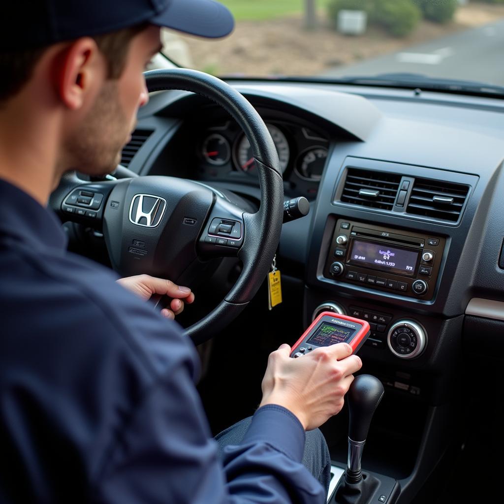 Professional Mechanic Using OBD2 Scanner on 2008 Civic