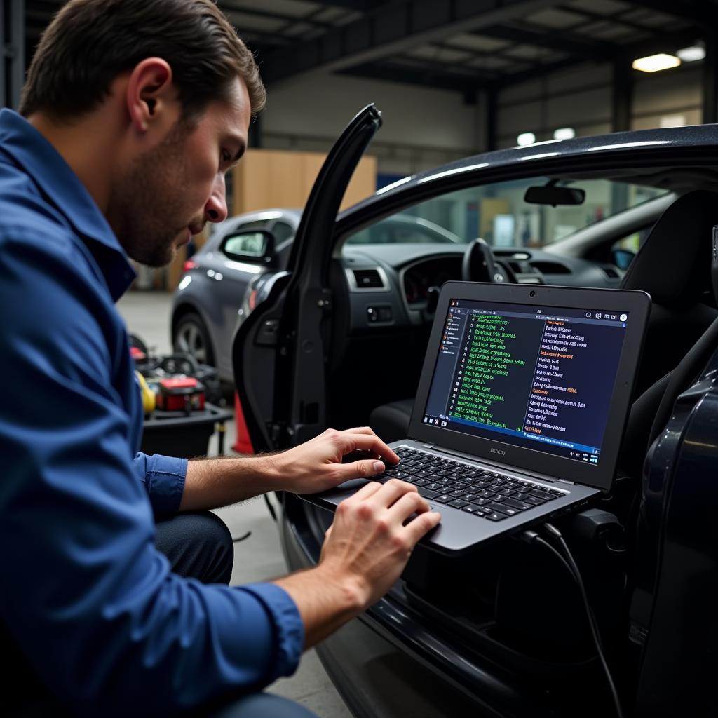 Mechanic Diagnosing 39fe Code Using a Laptop