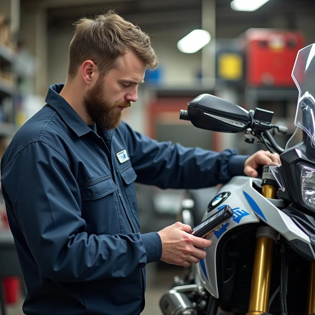 Mechanic using an OBD2 scanner on a BMW R1200GS