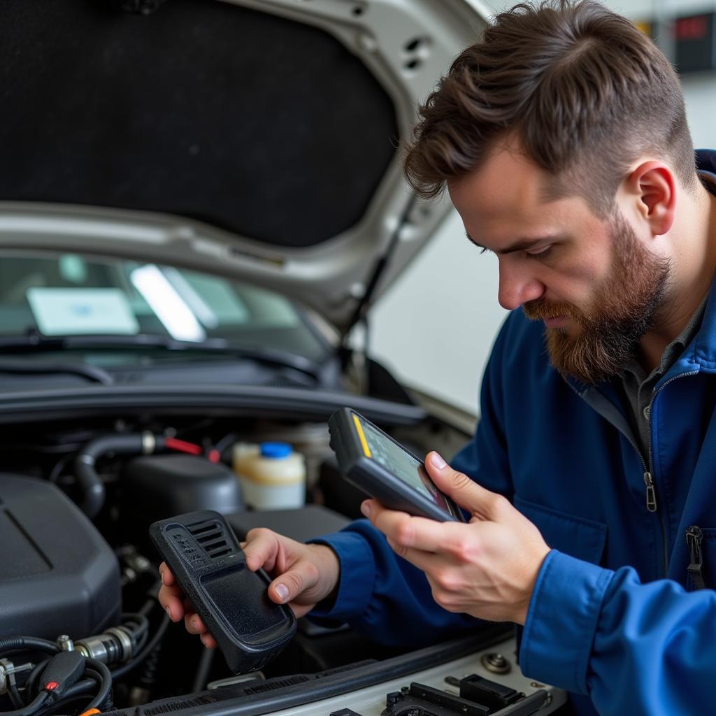 Mechanic Diagnosing Car with OBD2 Scanner