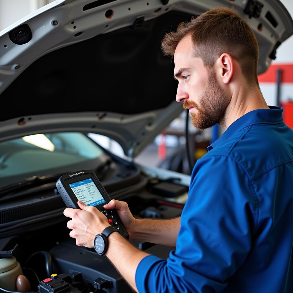 Mechanic Diagnosing Car with OBD2 Scanner