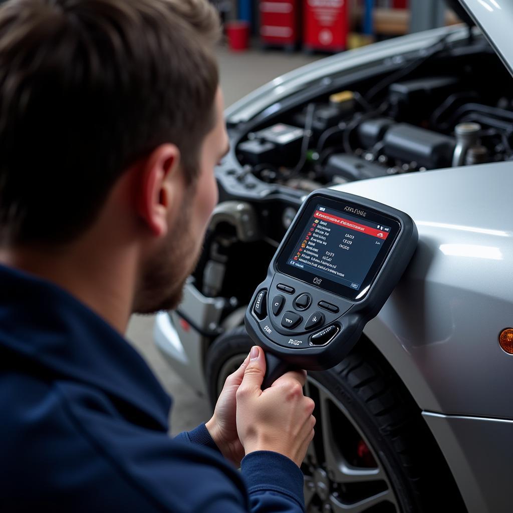 Mechanic Diagnosing Car with OBD2 Scanner