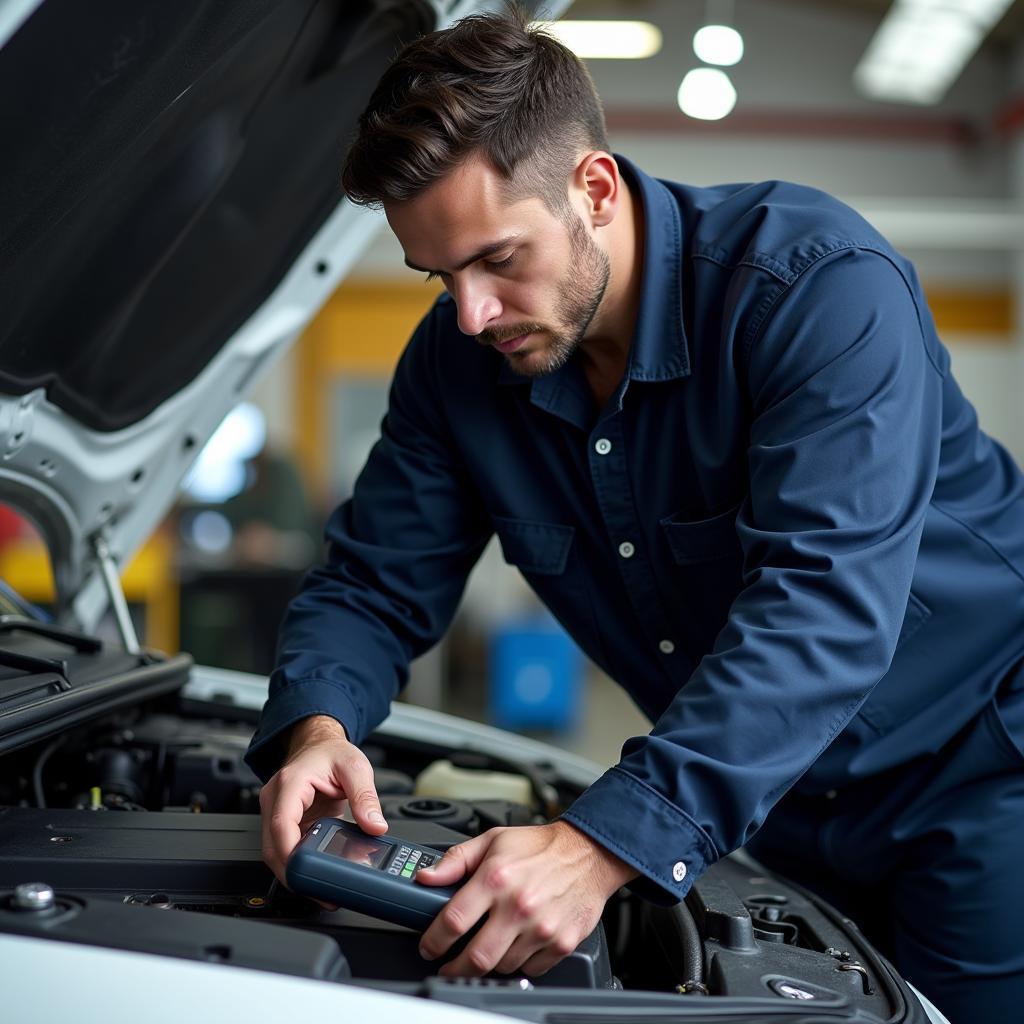 Mechanic Using Diagnostic Equipment on a Car