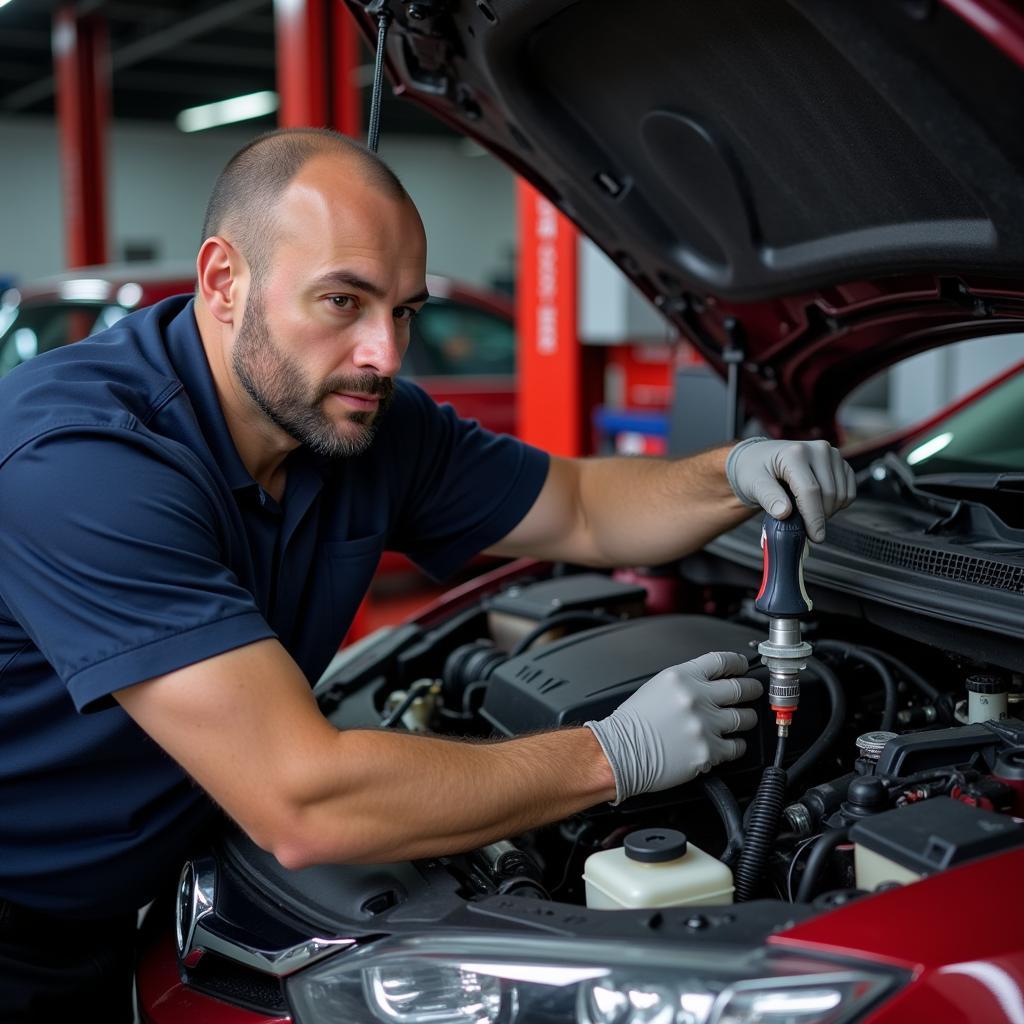 Mechanic using a diagnostic tool on a car