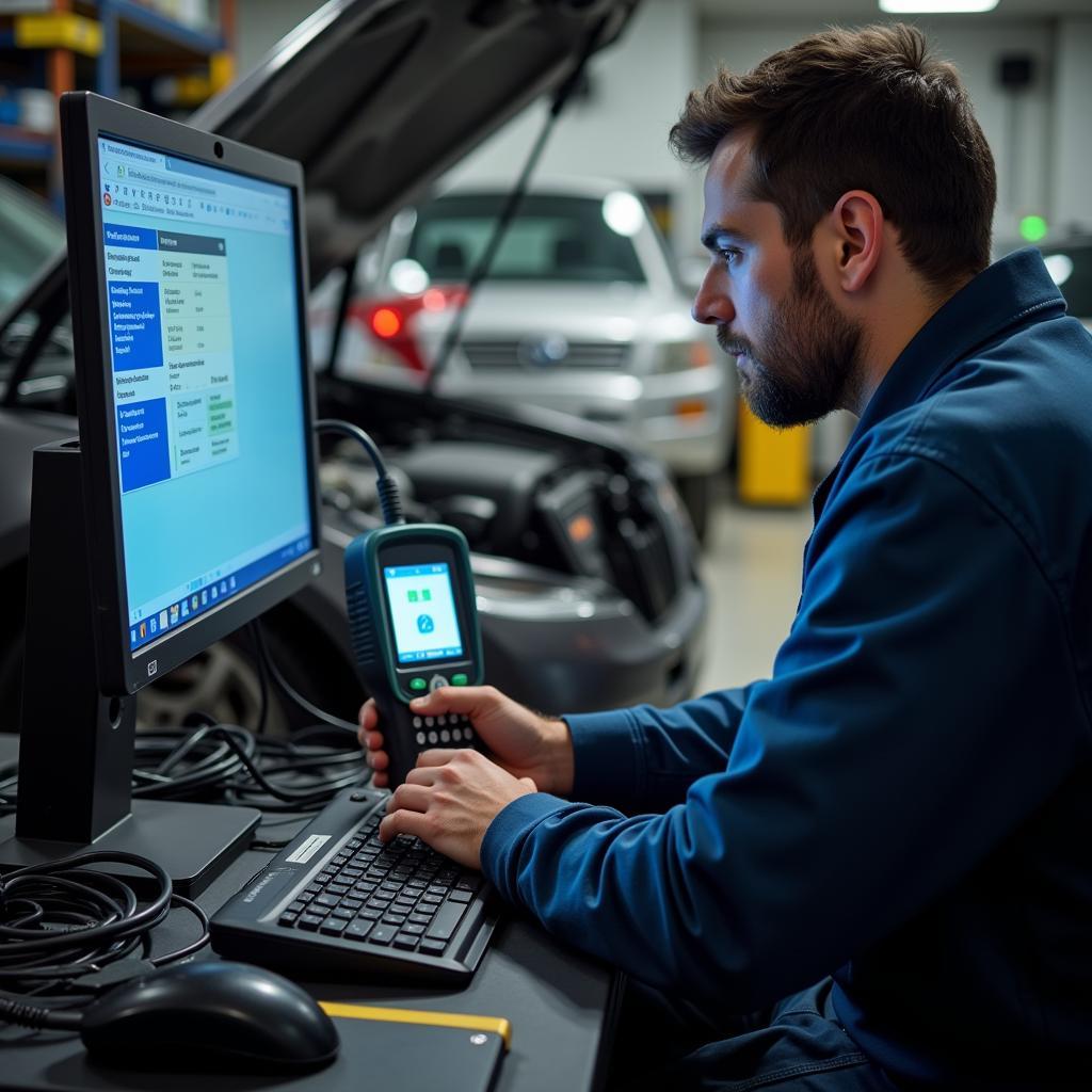 Mechanic Diagnosing Car with OBD2 Scanner