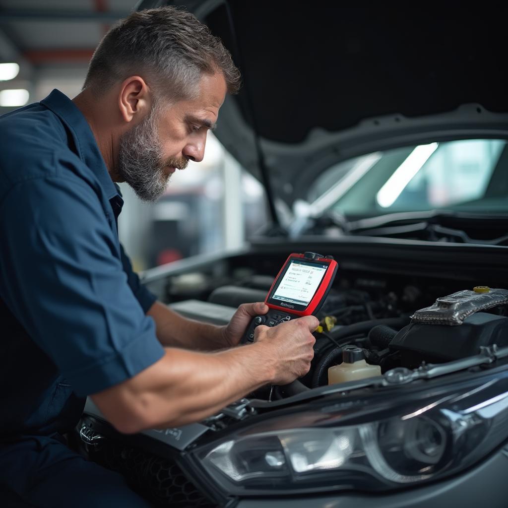 mechanic diagnosing car