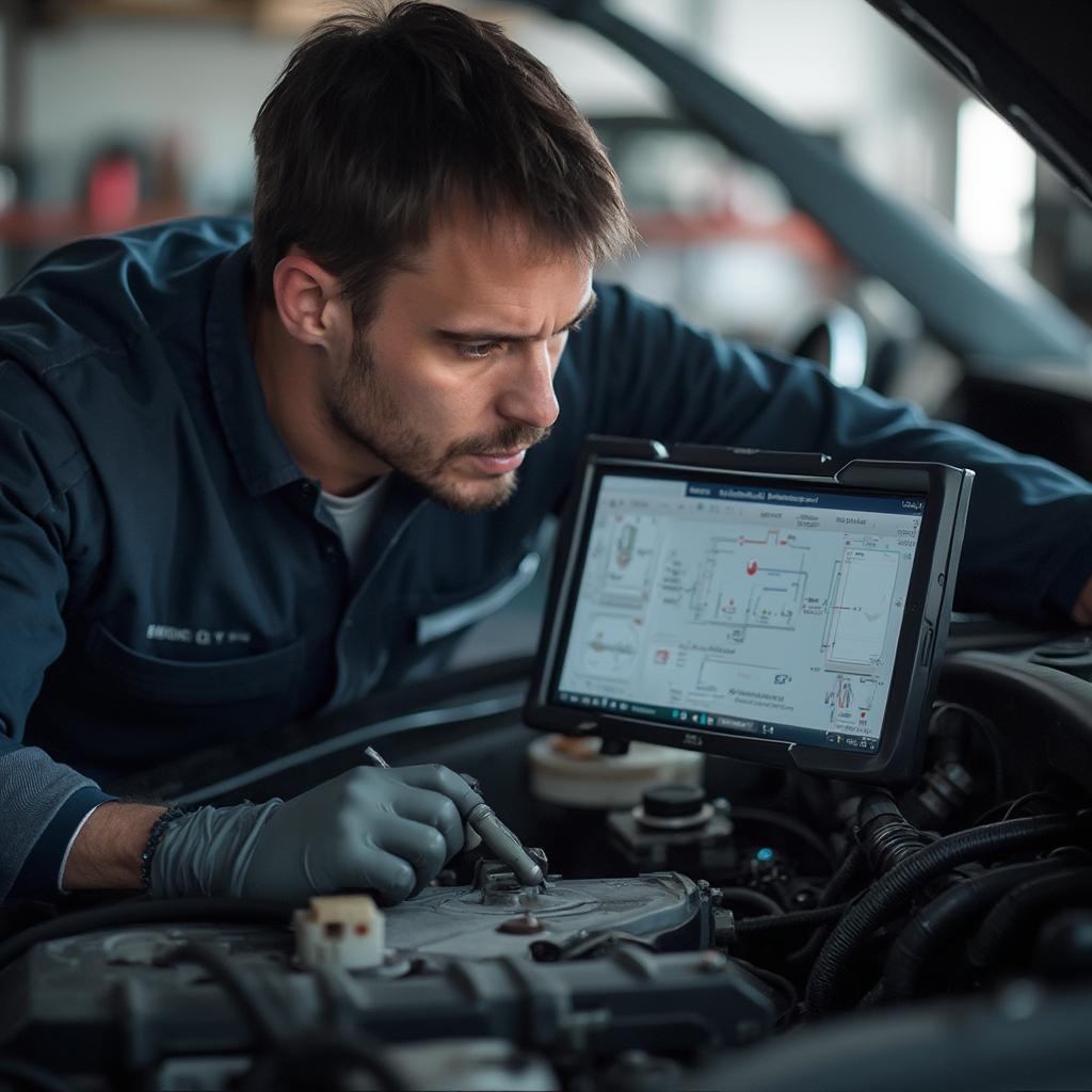 Mechanic Diagnosing Car Engine Problem