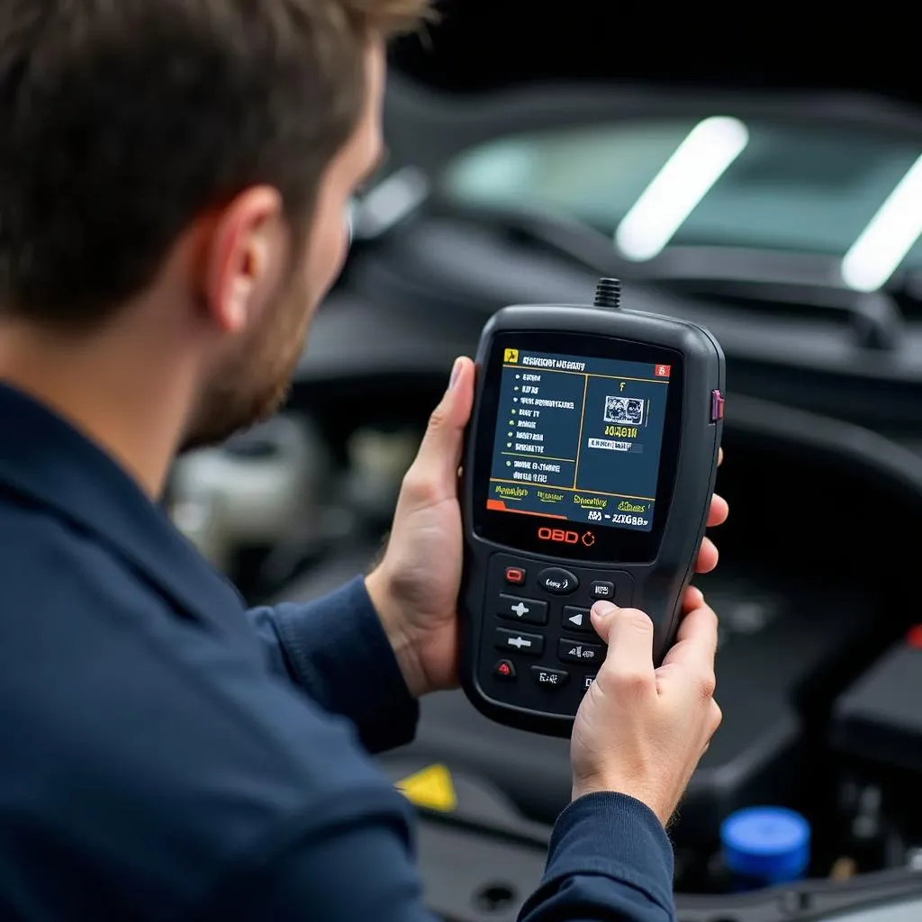 Mechanic Diagnosing Car Engine Using OBD2 Scanner