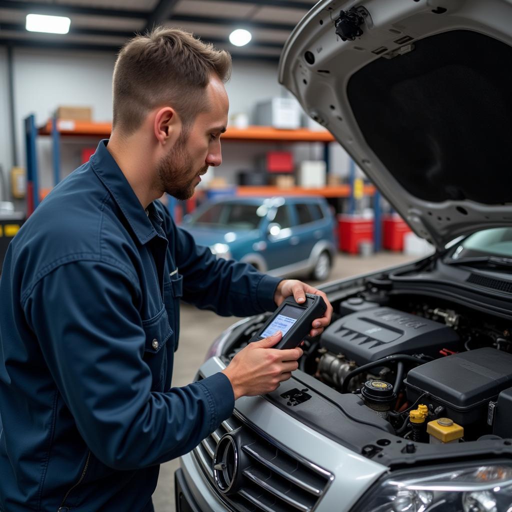 Mechanic Using OBD2 Scanner for Engine Diagnostics