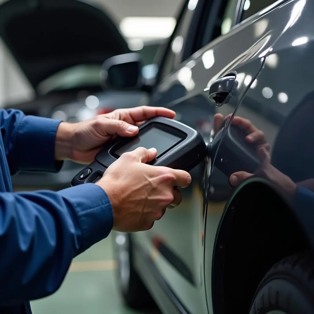 Mechanic using OBD2 scanner for car diagnostics