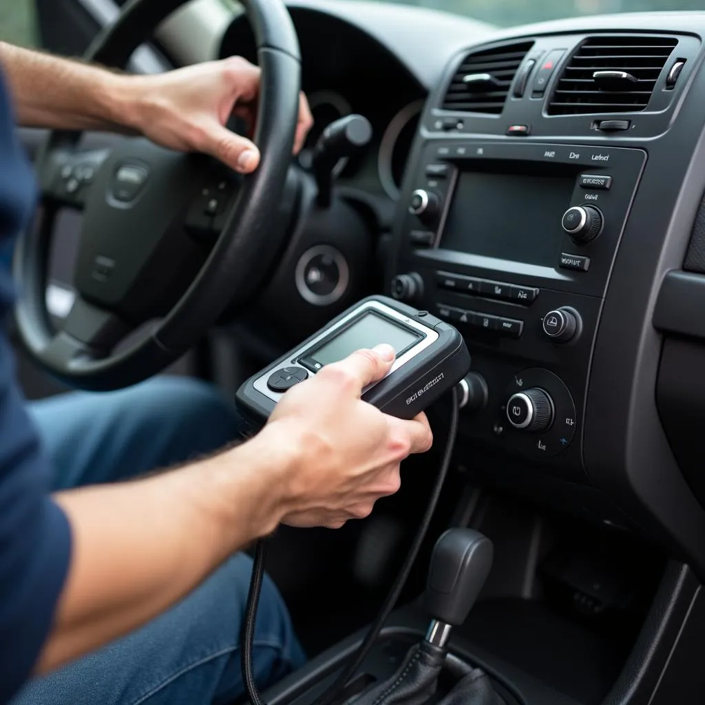 Mechanic Using OBD2 Scanner on Car