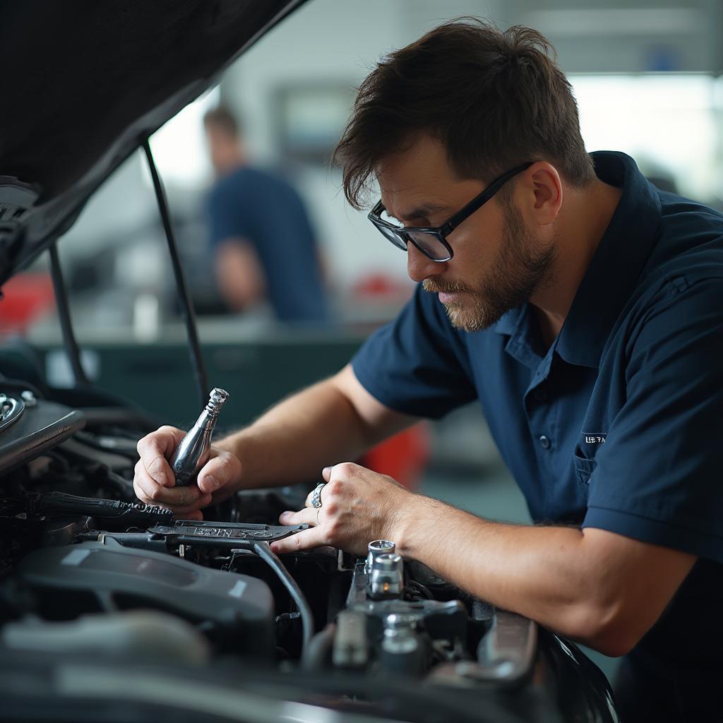 Mechanic Diagnosing a Car Problem Using Diagnostic Tools