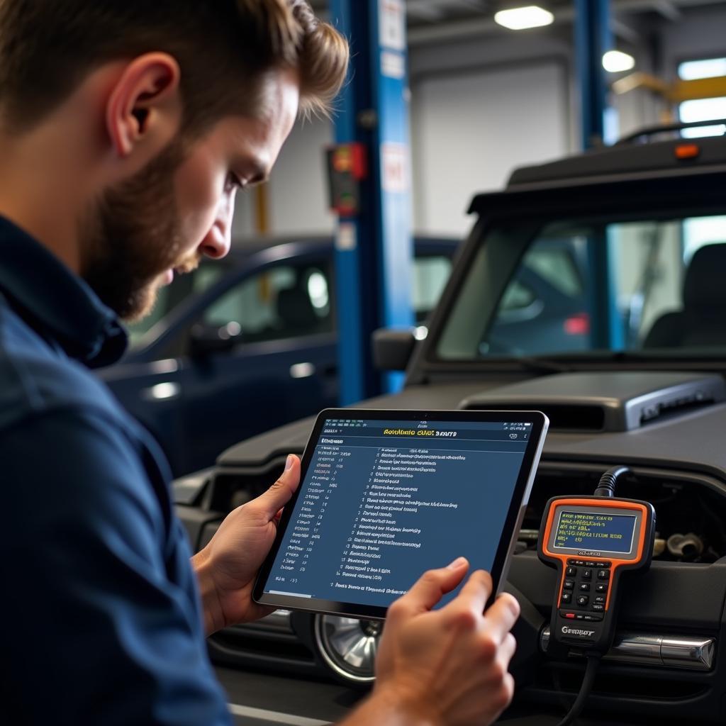 Mechanic using an OBD2 code list to diagnose a car problem