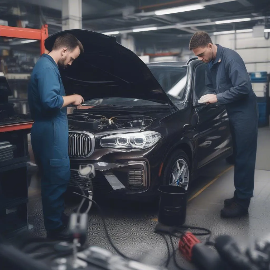 Mechanic using an OBD2 scanner to diagnose a car's problem