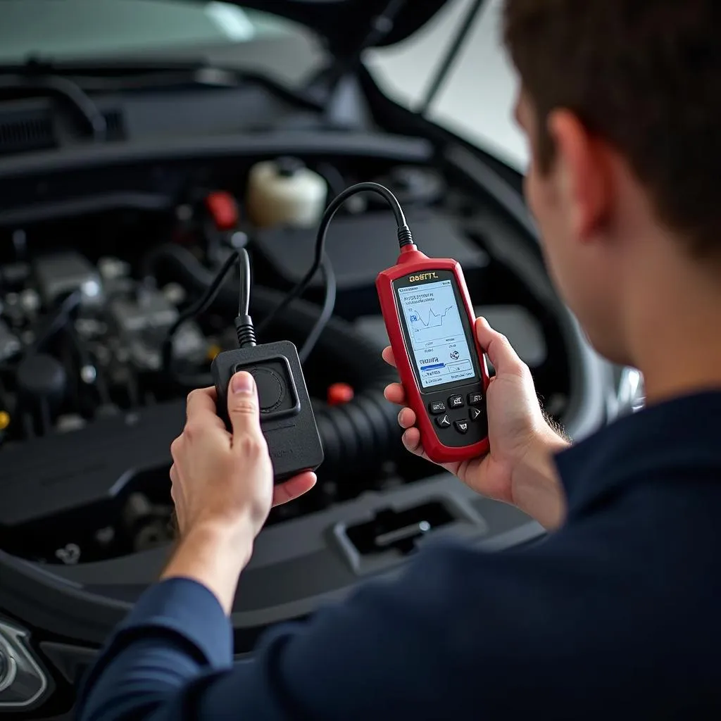 Mechanic Diagnosing Car with OBD2 Scanner