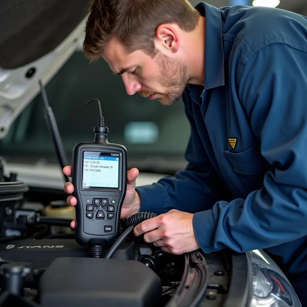 Mechanic Using OBD2 Scanner on a Car