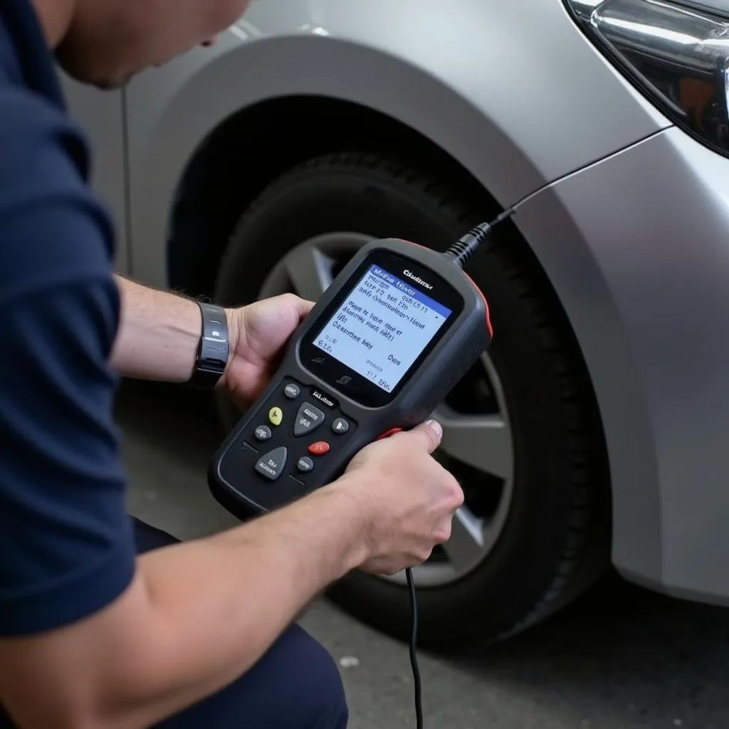 Car Mechanic Using OBD2 Scanner for Diagnosis