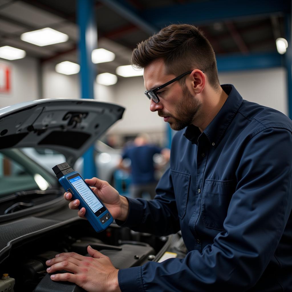 Mechanic Diagnosing Car with OBD2 Scanner