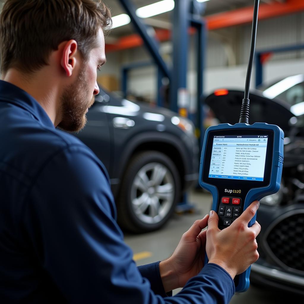 Car Mechanic Using an OBD2 Scanner for Diagnosis