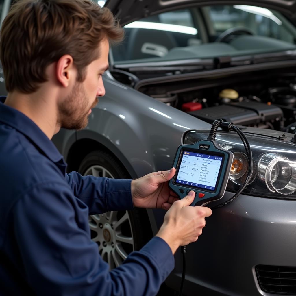 Mechanic diagnosing car with bi-directional OBD2 scanner