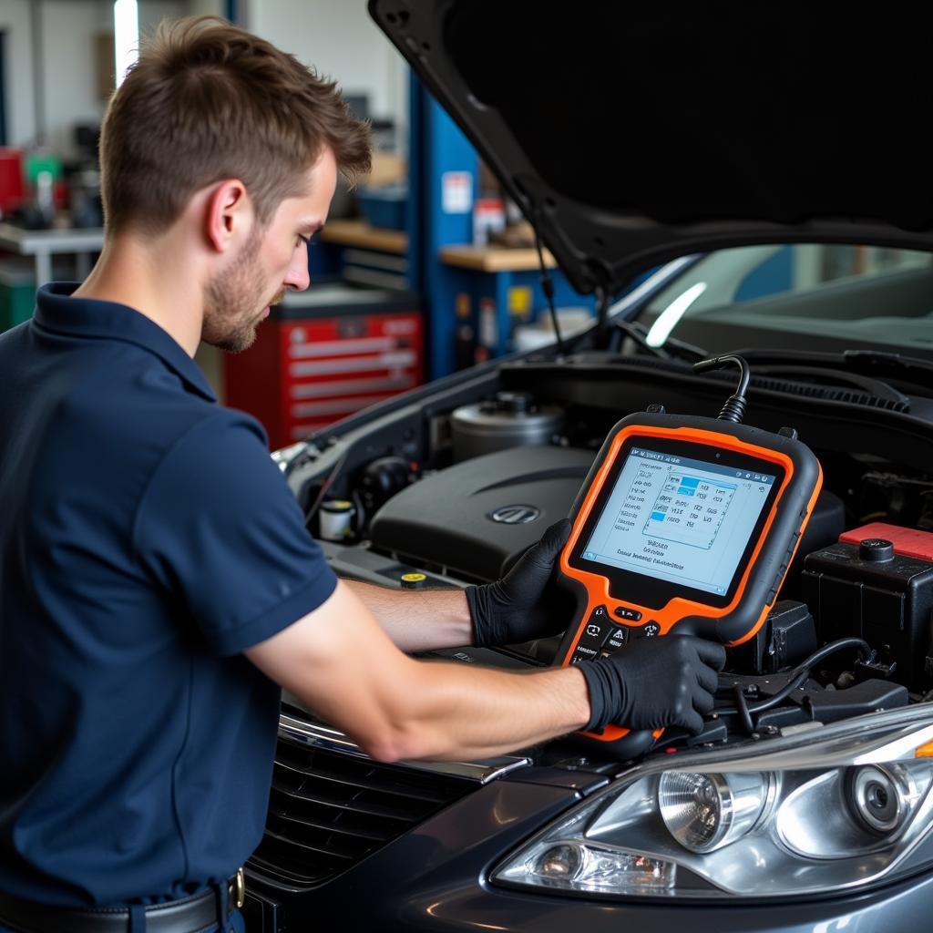 Mechanic Diagnosing Car with OBD2 Scanner