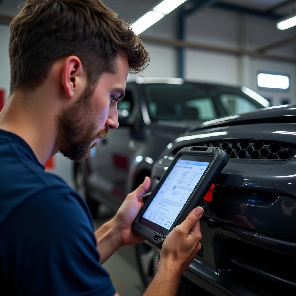 Mechanic Diagnosing Car with OBD2 Scanner