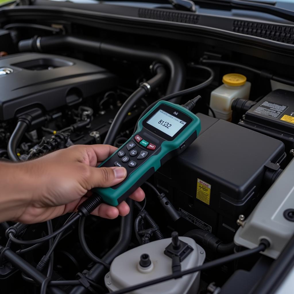 Mechanic using an OBD2 scanner to diagnose a car