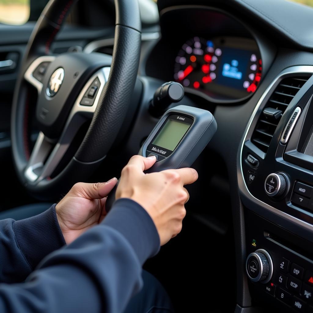 Mechanic using an OBD2 scanner to diagnose a vehicle