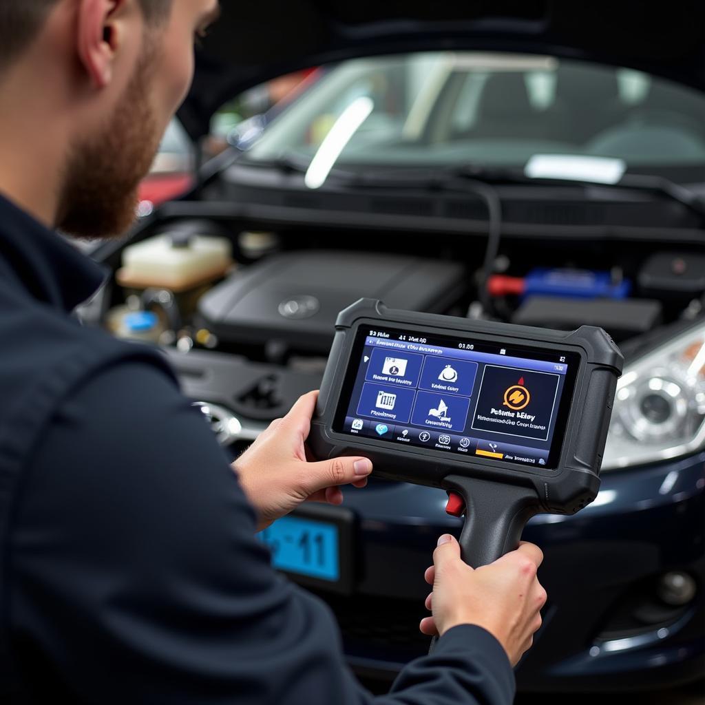 Mechanic Diagnosing Car with OBD2 Scanner