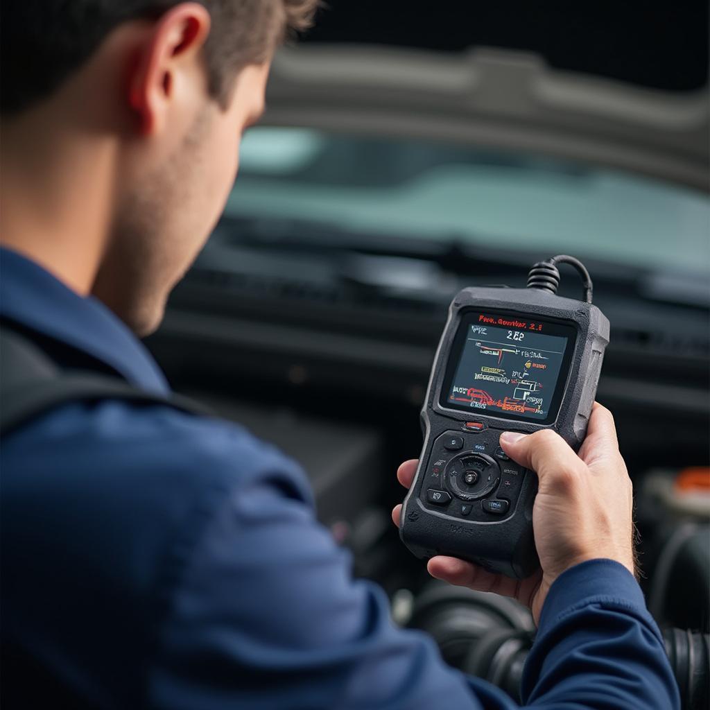 Mechanic Diagnosing Car with OBD2 Scanner