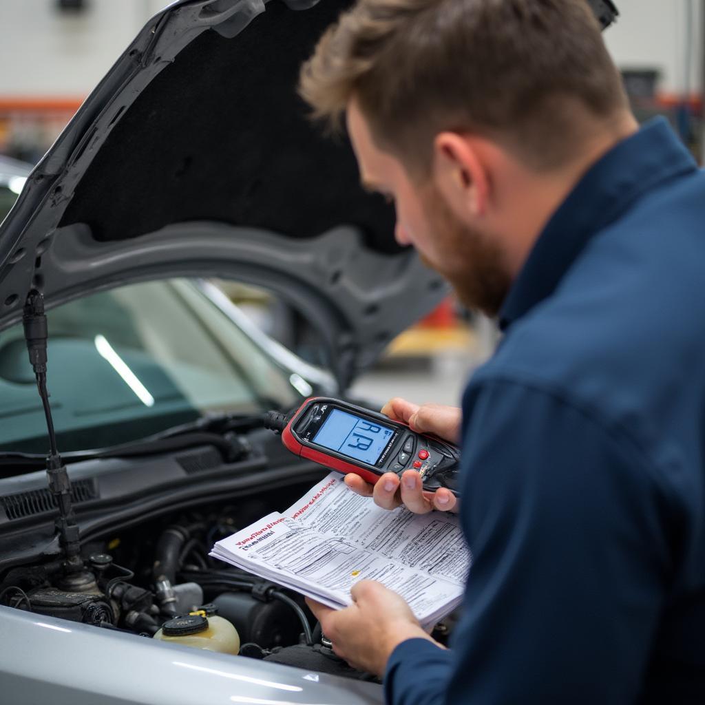 Mechanic Diagnosing a Car with an OBD2 Scanner