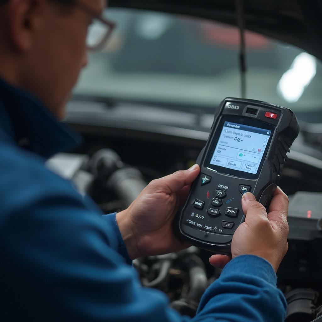 Mechanic Diagnosing a Car with OBD2 Scanner