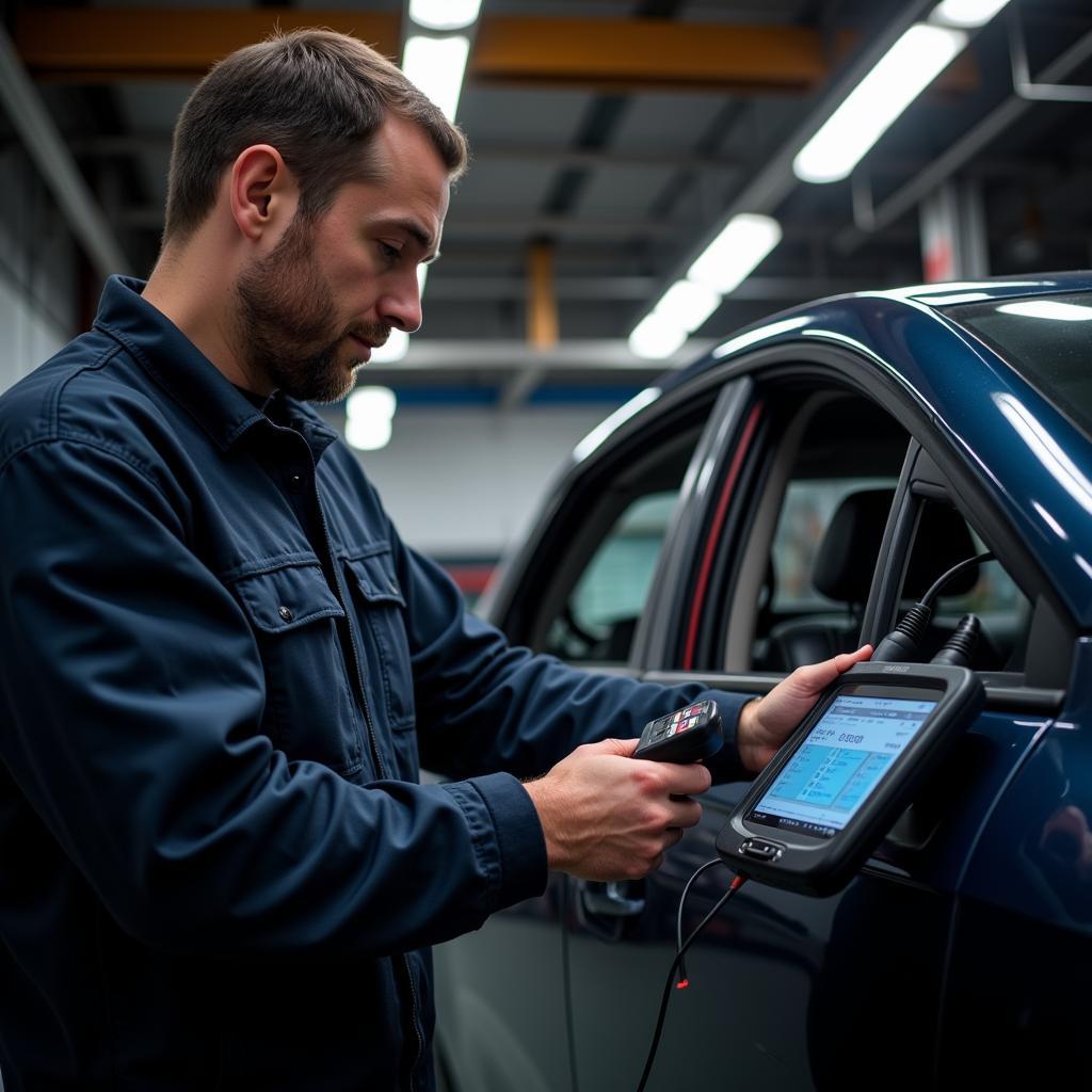 A mechanic using a professional OBD2 scanner to diagnose a car's engine.