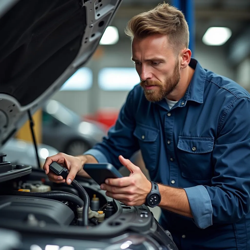 Mechanic Diagnosing Car with OBD2 Scanner