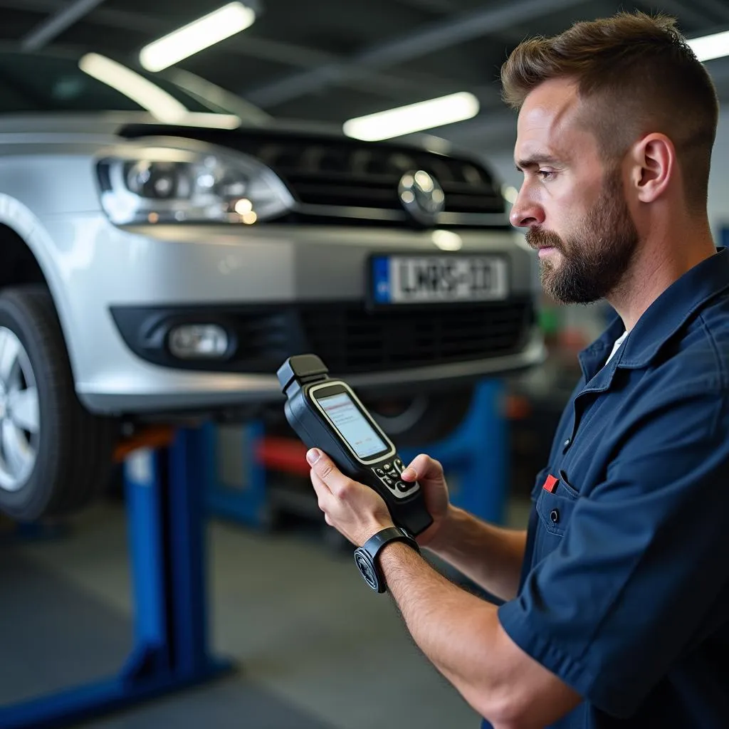 Mechanic Diagnosing Car with Scanner