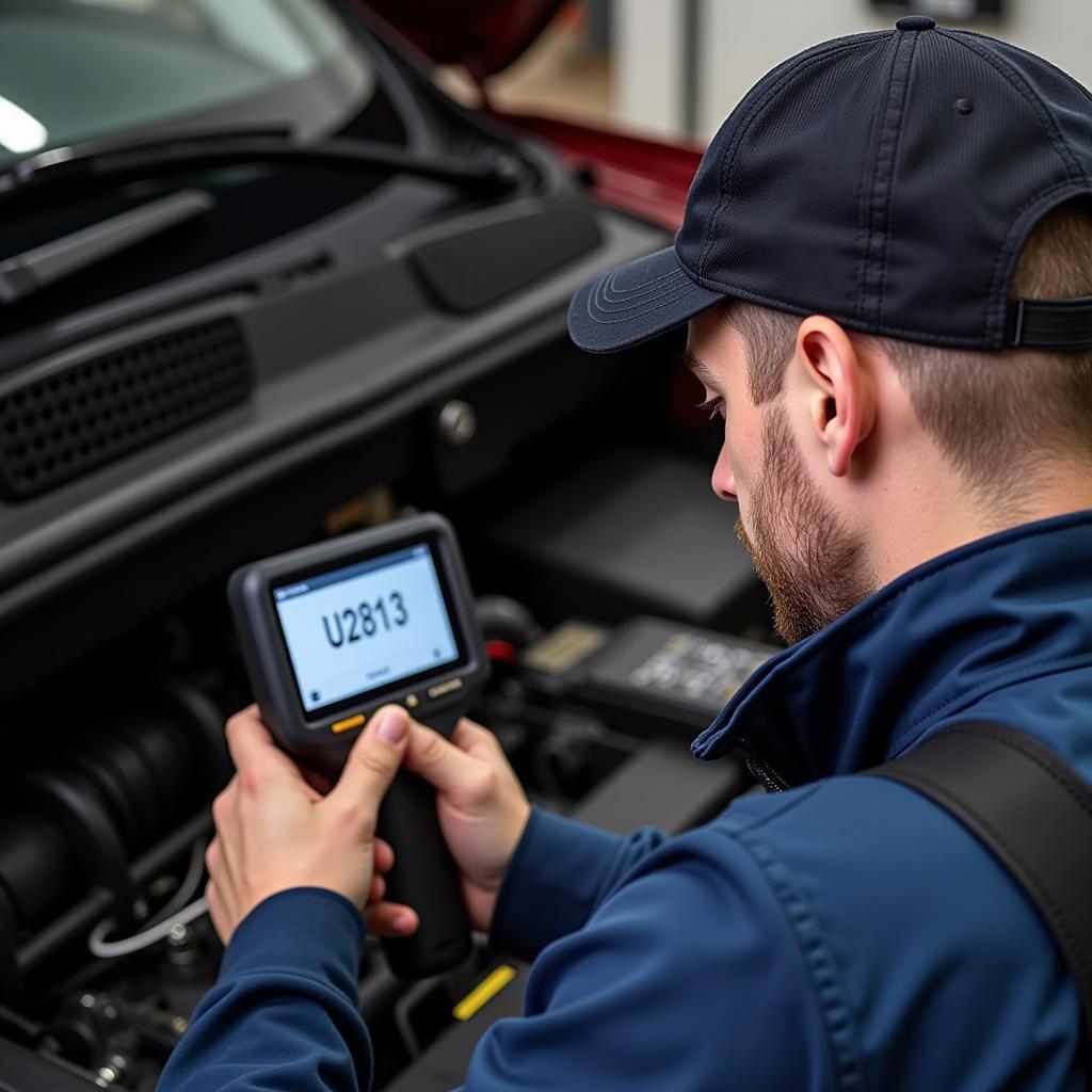 Mechanic Diagnosing Vehicle with Advanced Scanner