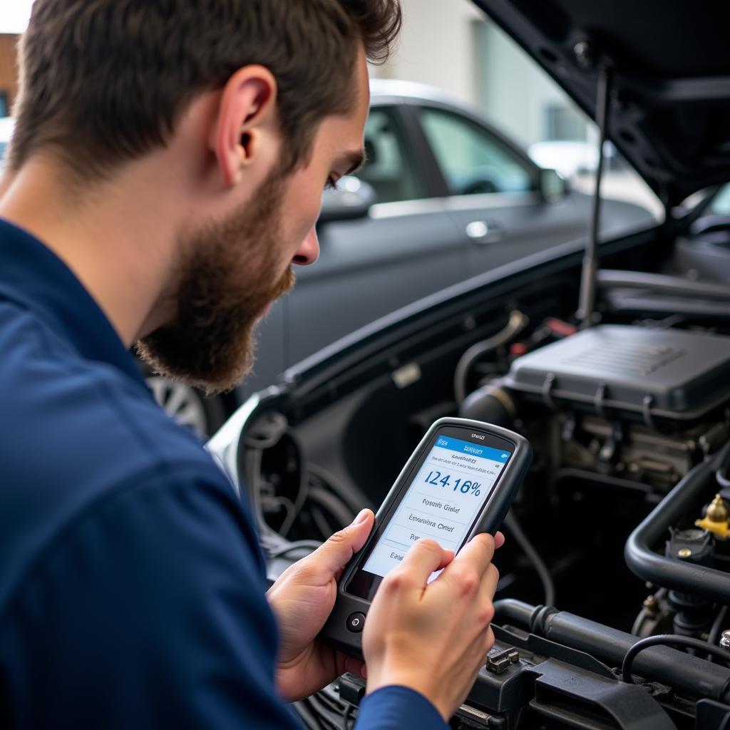 Mechanic using an OBD2 scanner to diagnose a car