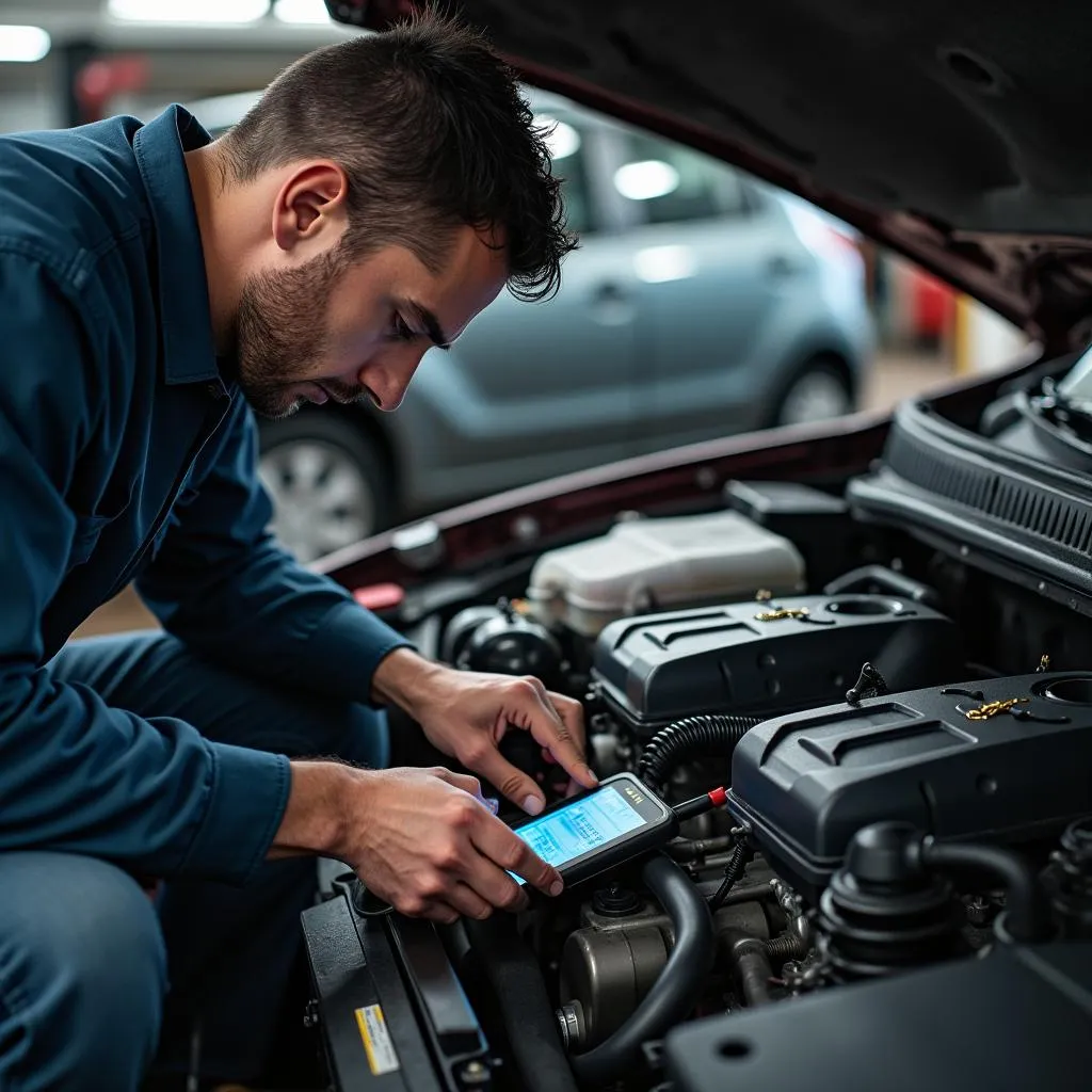 Mechanic Diagnosing Chevrolet Engine