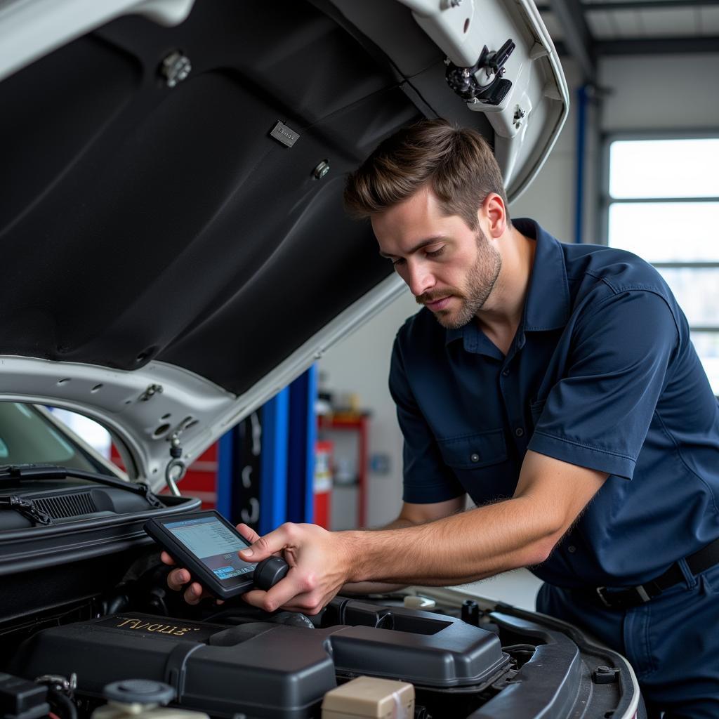 Mechanic Diagnosing a Chevy Engine