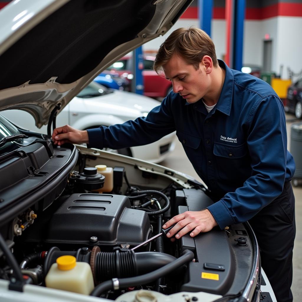 Mechanic Inspecting 2004 Dodge Durango Engine