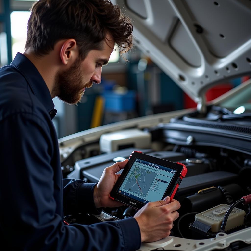 Mechanic Diagnosing Engine Problem