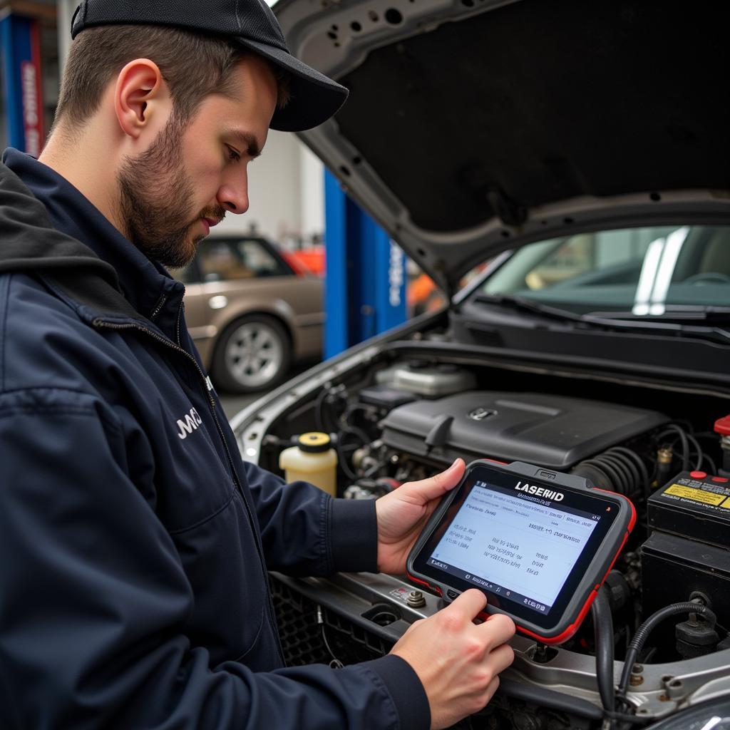 Mechanic using a diagnostic tool to check the EVAP system of a 2002 Honda Accord in a garage