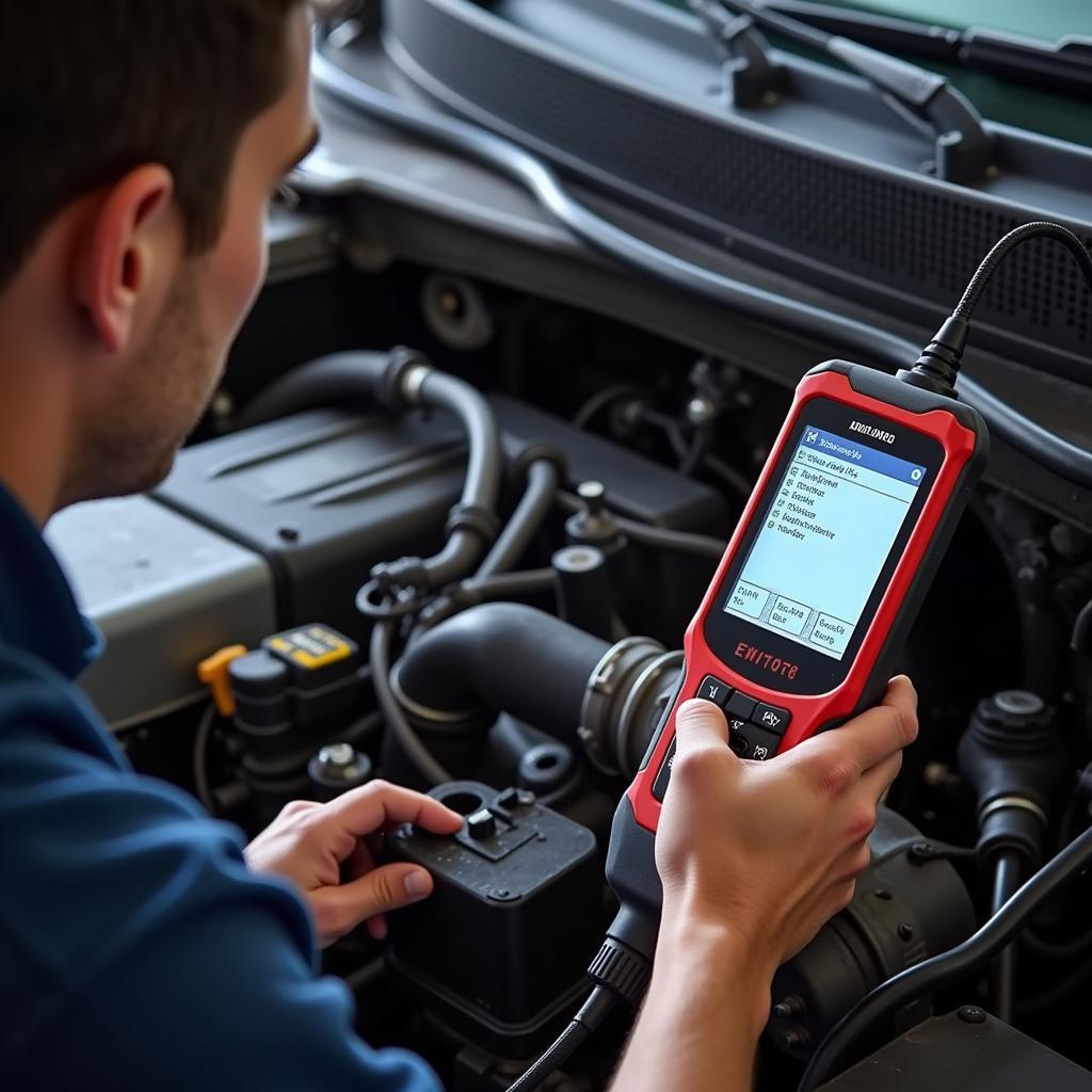 Mechanic using an OBD2 scanner to diagnose an EVAP system issue