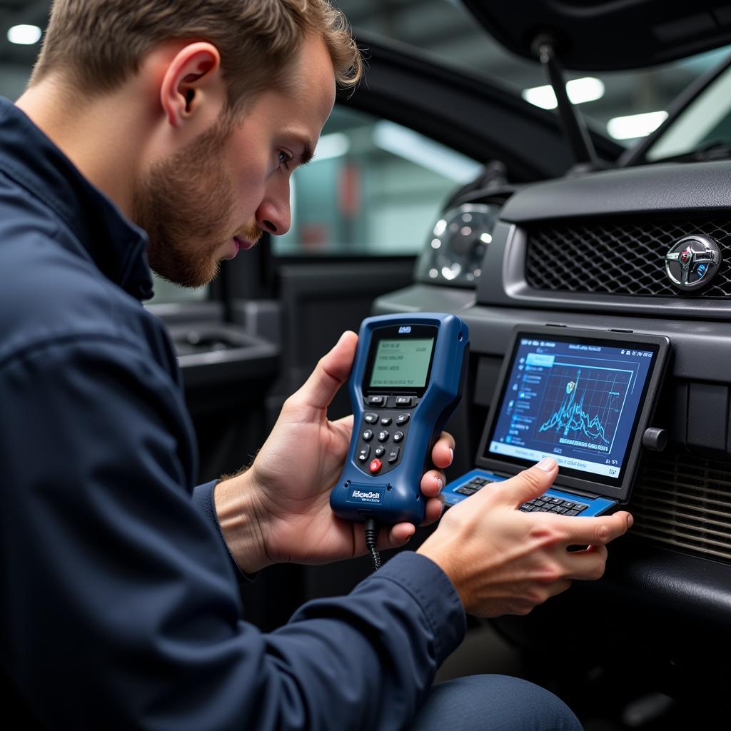 Mechanic Diagnosing an Evo 9 with a Professional Scanner