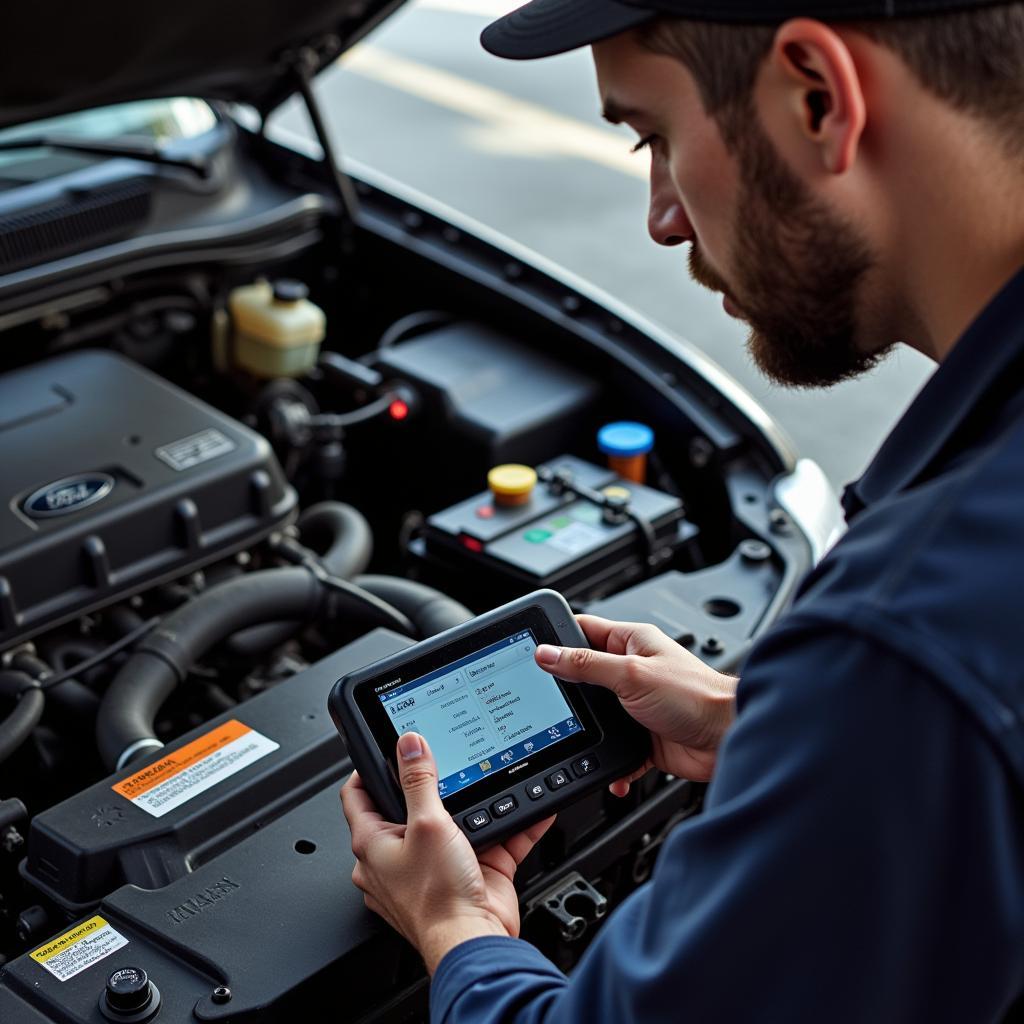 Mechanic Diagnosing 2003 Ford Ranger Engine with OBD2 Scanner