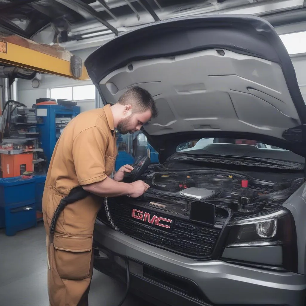 Mechanic Using OBD2 Scanner on a GMC Vehicle