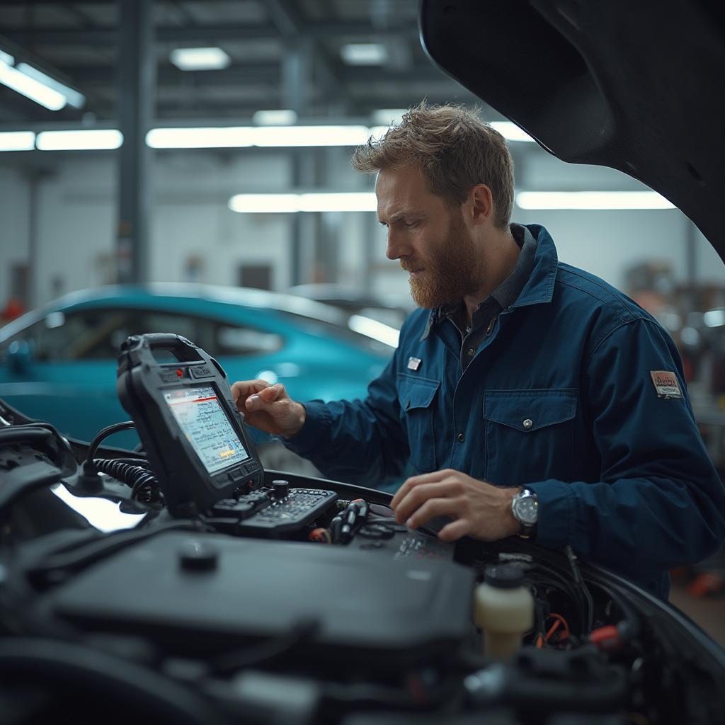 Mechanic Diagnosing Hybrid Battery Issue