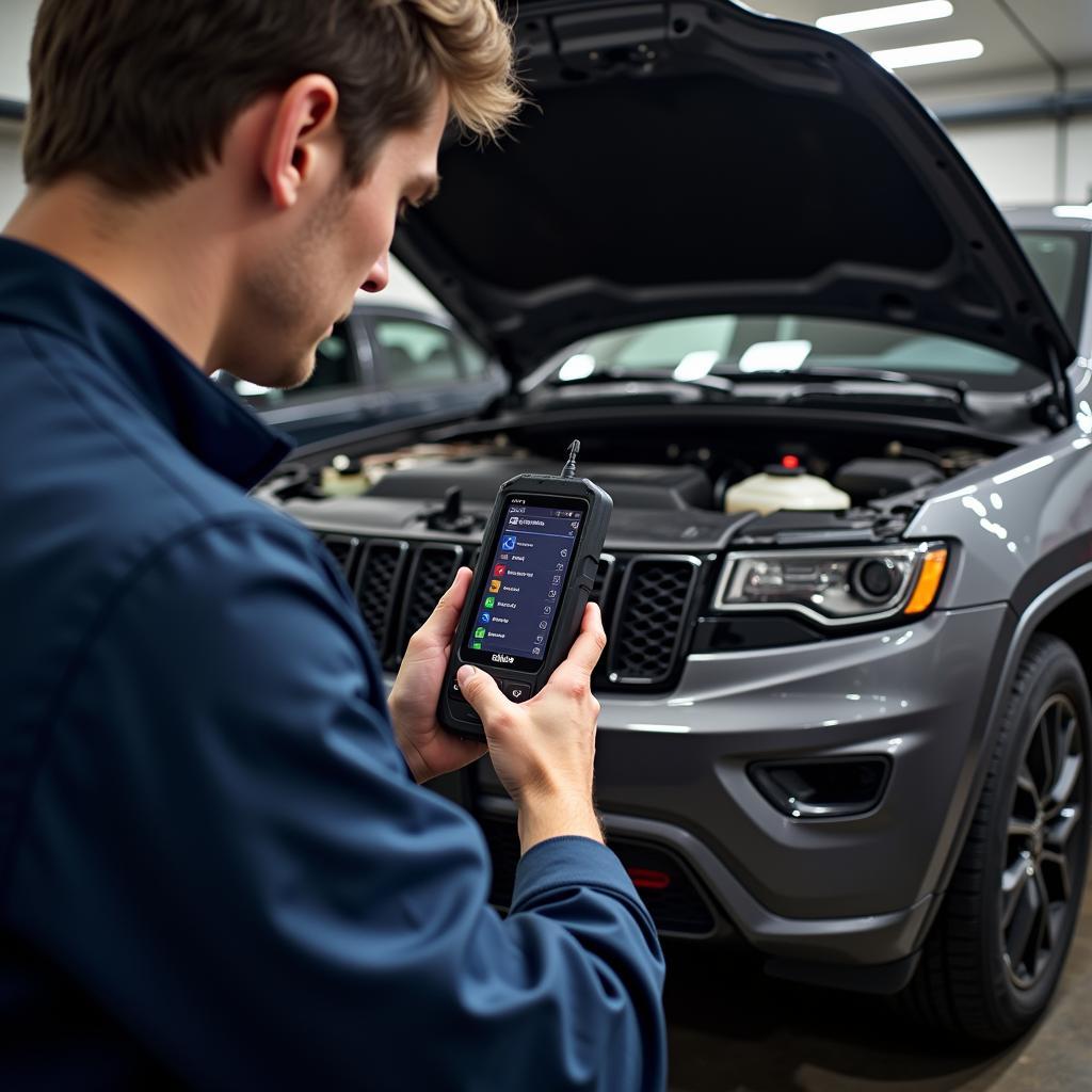 Mechanic Diagnosing a Jeep Grand Cherokee Using an OBD2 Scanner