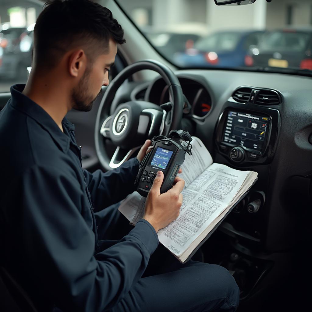 Mechanic Diagnosing Jeep Renegade with OBD2 Scanner